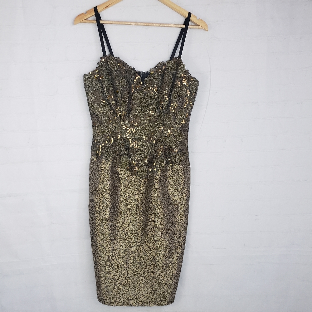 Vtg Bronze Metallic Brocade Sequins Cocktail Dress